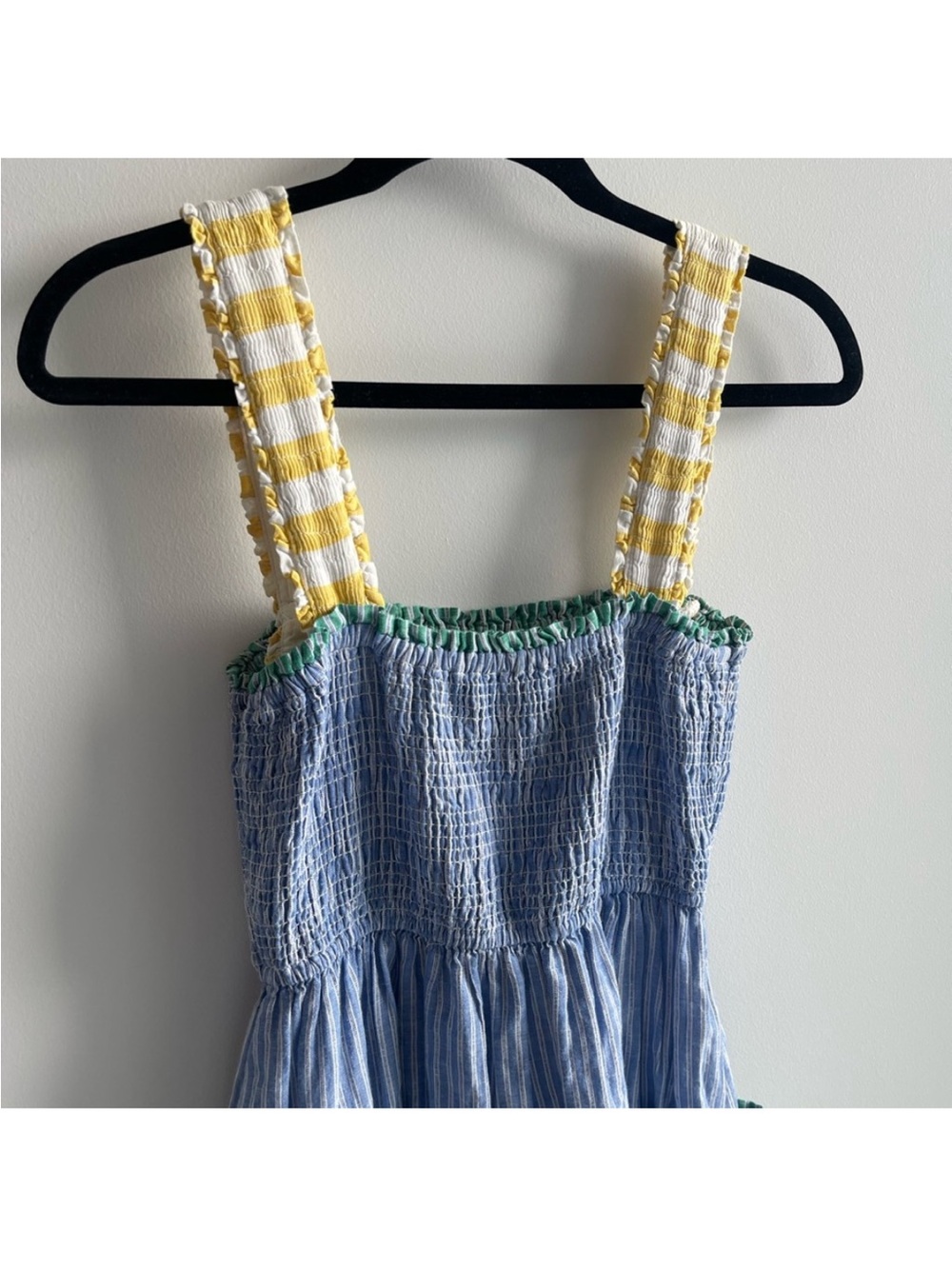 RHODE Ollie Yellow, Green Blue Stripe Smocked Midi Dress with Contrast Pockets - Picture 7 of 7